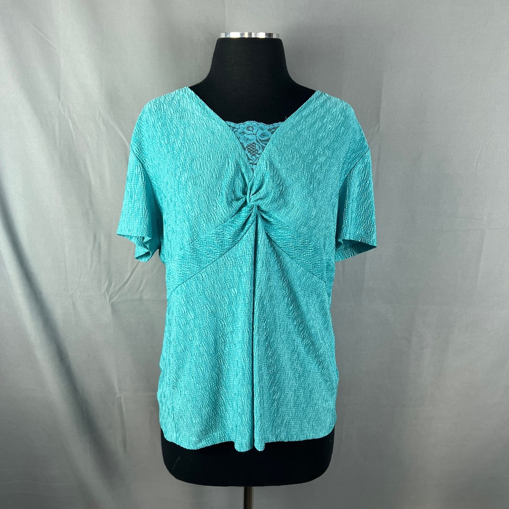 Alfred Dunner Blouse Top Women Large Teal Floral Lace V Neck Crinkled Cap Sleeve